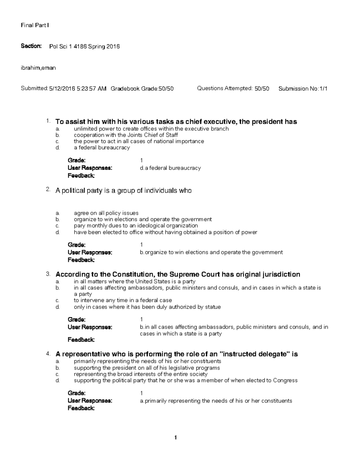 Final Part I - Sample exam questions - Section: Pol Sci 1 4186 Spring ...