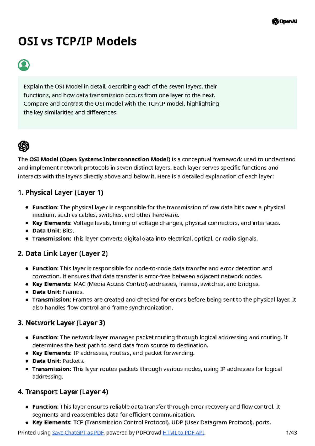 OSI vs TCP IP Models - OSI vs TCP/IP Models The OSI Model (Open Systems ...