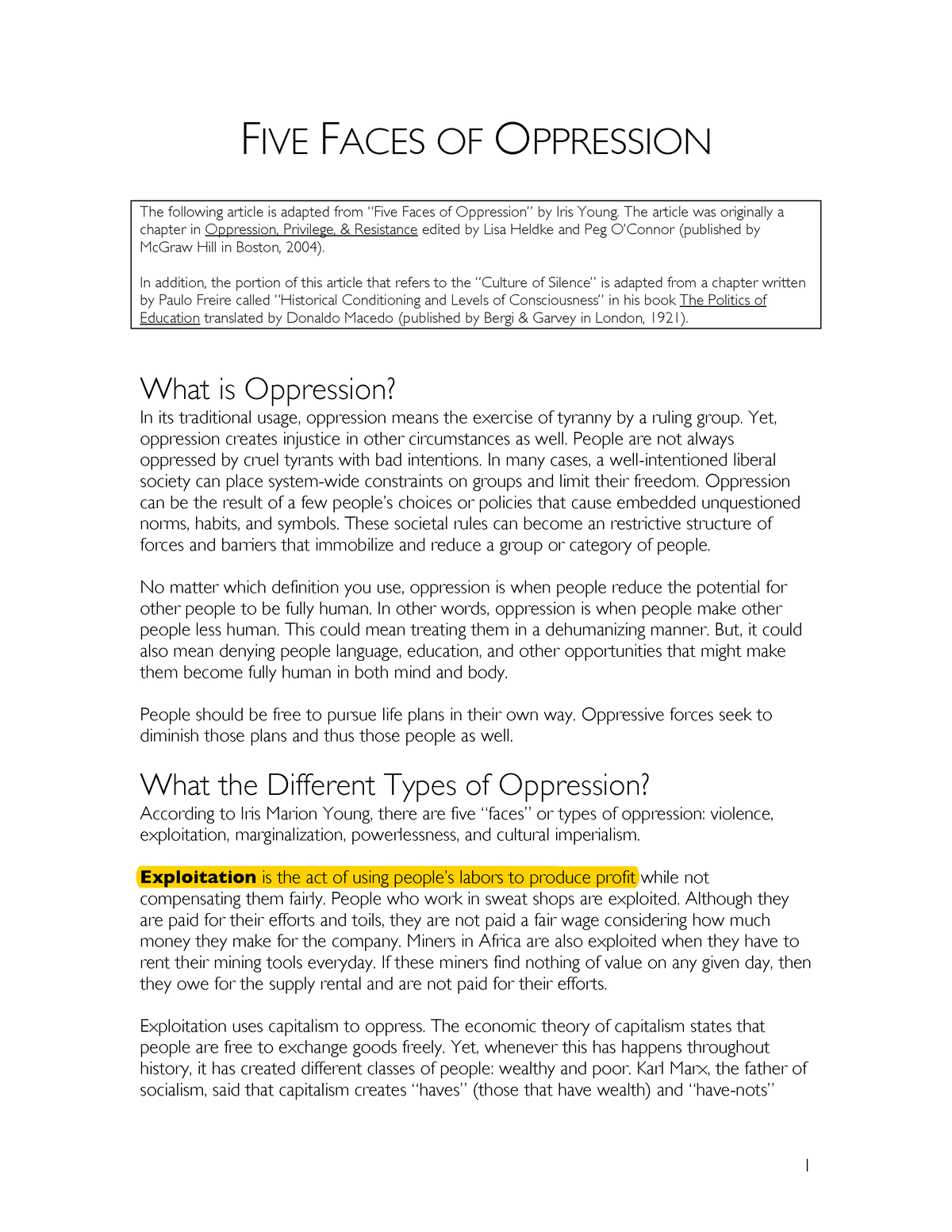 Five faces of oppression - FIVE FACES OF O PPRESSION The following ...