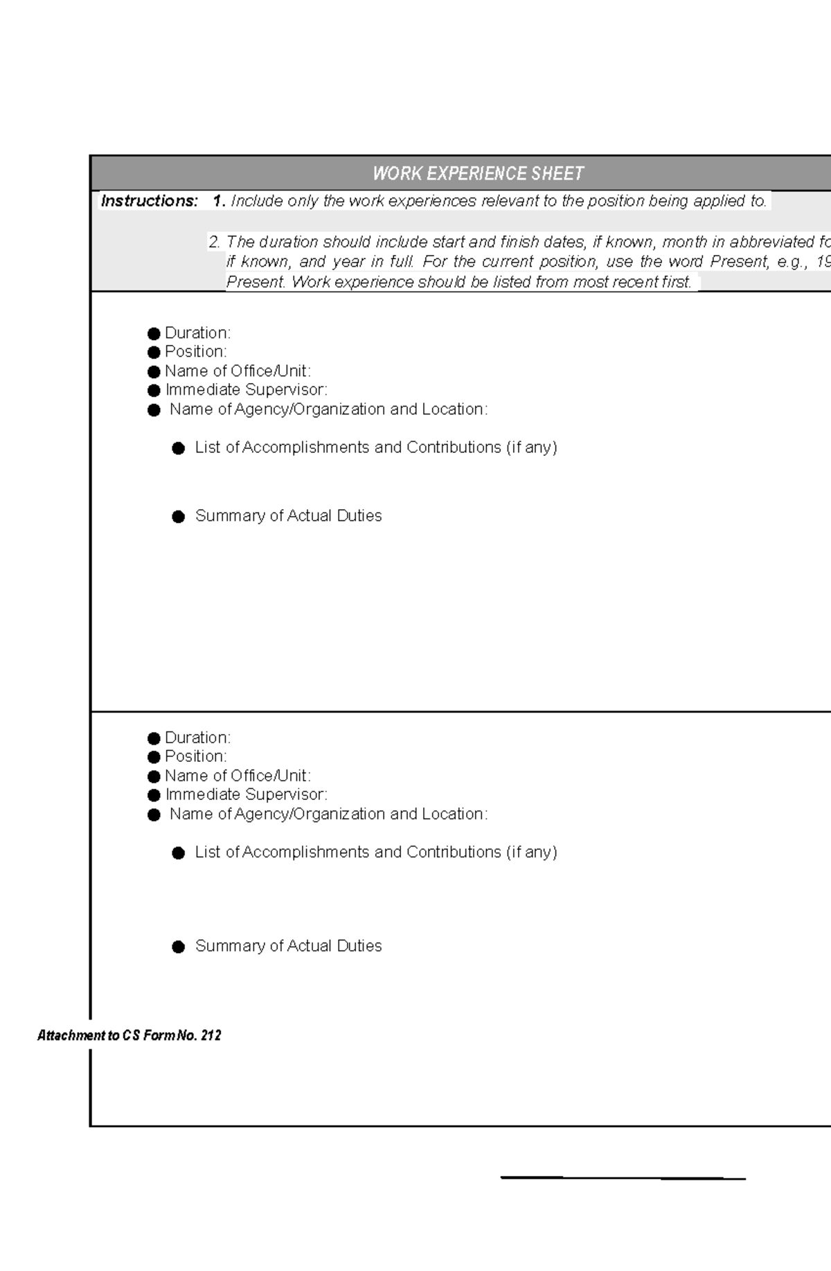 Cs-norm-no - To Reach Information Needed - Work Experience Sheet 