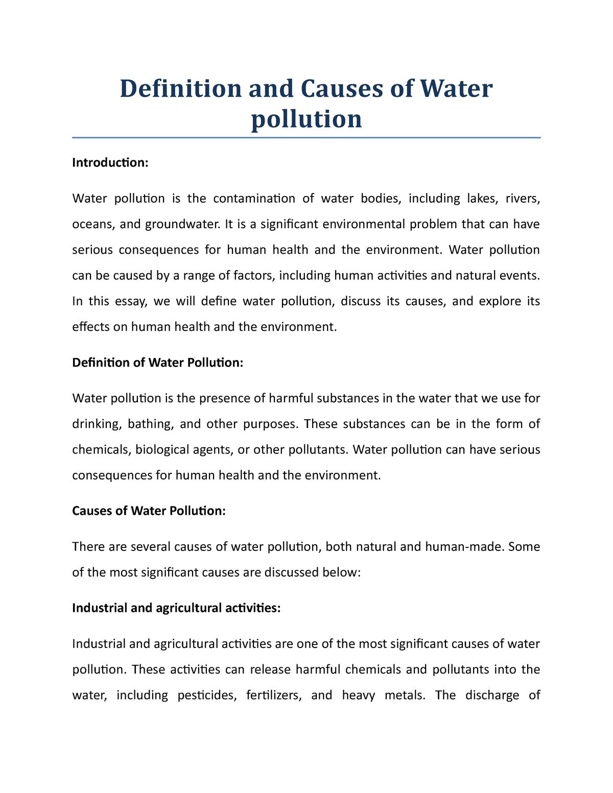 define water pollution essay