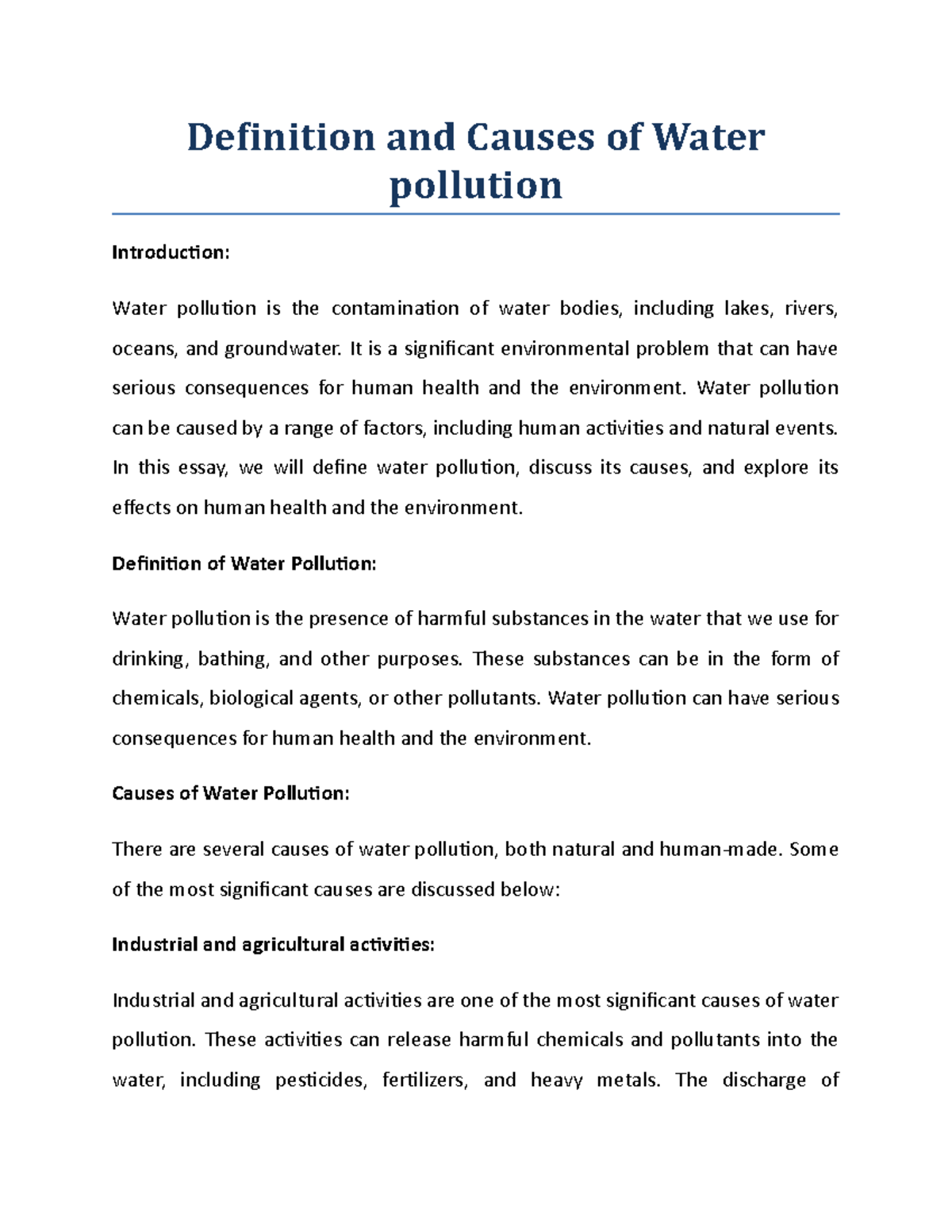 define water pollution essay