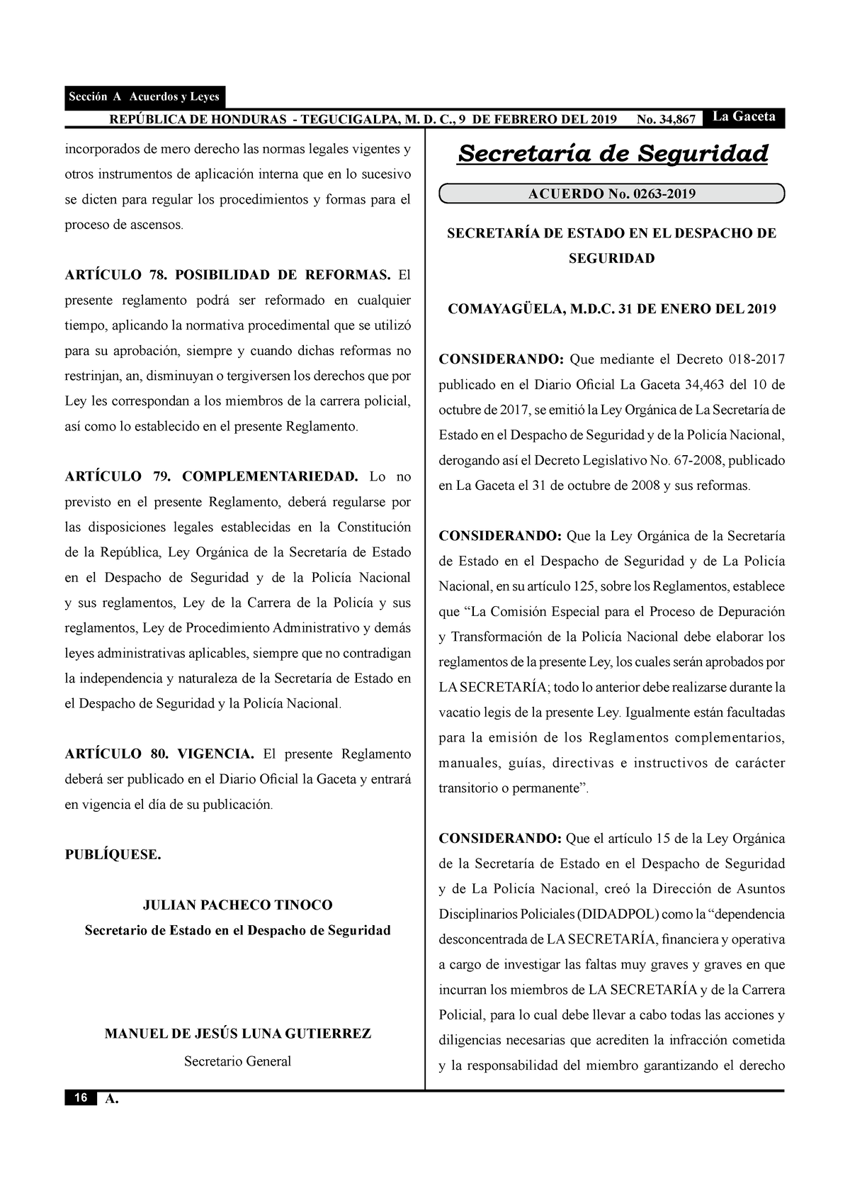 Acuerdo-0263-2019 - Acuerdo - 16 La Gaceta REPÚBLICA DE HONDURAS ...