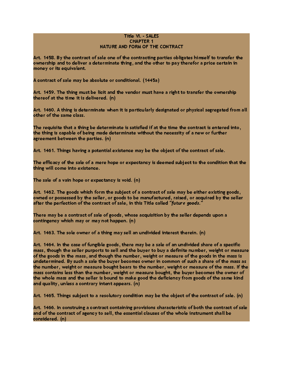 Title-VI - notes - Title VI. - SALES CHAPTER 1 NATURE AND FORM OF THE ...