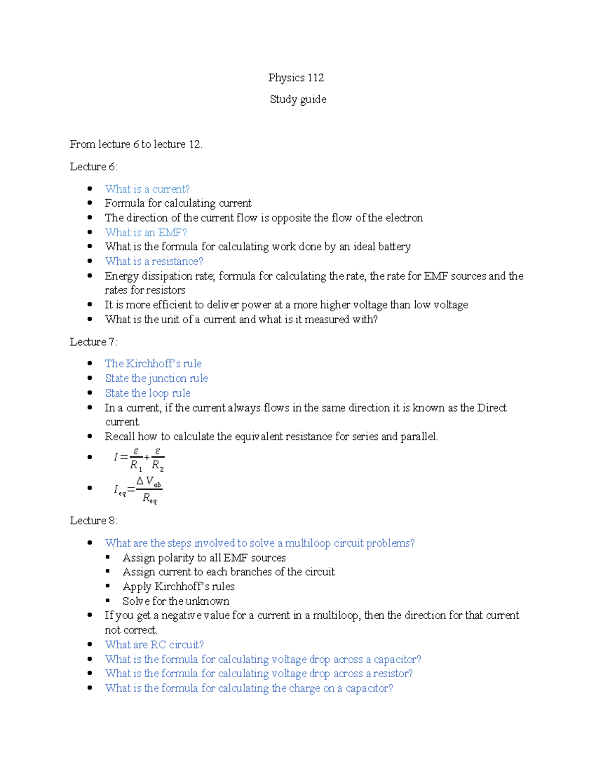 Physics 112 exam 2 study guide - Physics 112 Study guide From lecture 6 ...