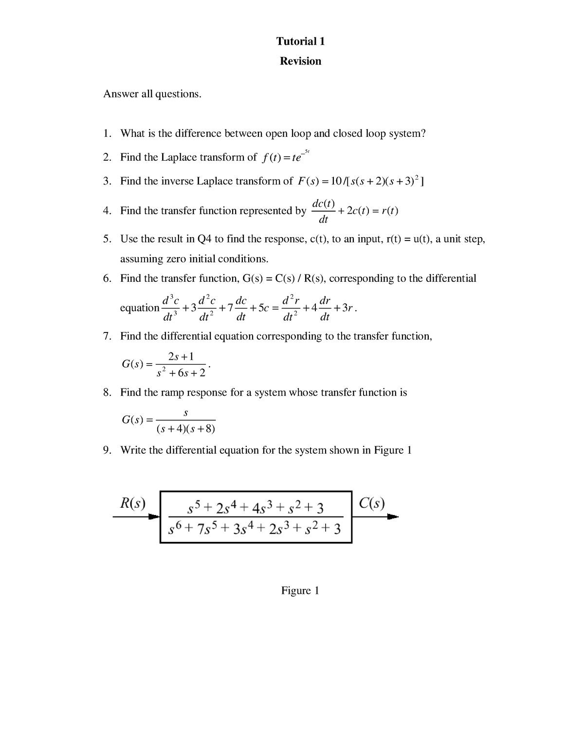 Tutorial 1 - Laplace Transform - Tutorial 1 Revision Answer all ...