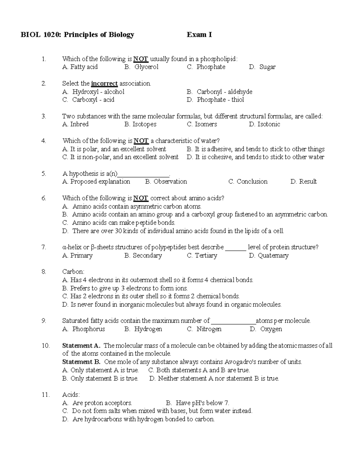Midterm I Practice - BIOL 1020: Principles of Biology Exam I Which of ...
