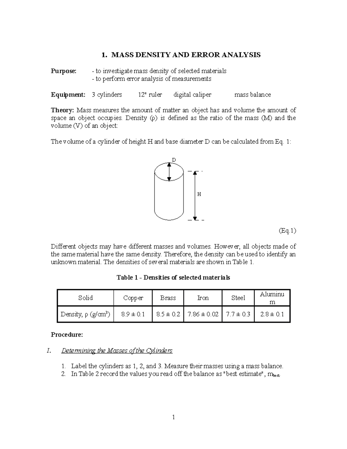 Lab01 Density and Error Analysiswith data H D 1. MASS DENSITY AND