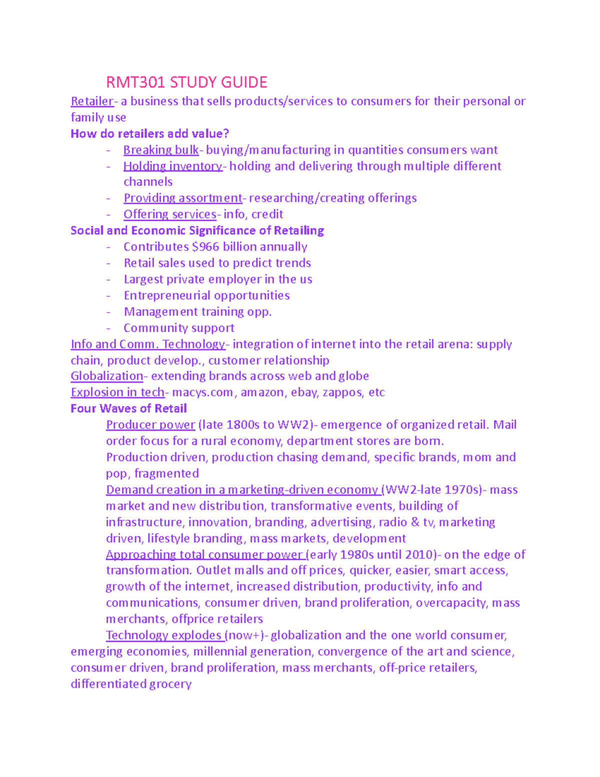 RMT301 Study Guide - RMT301 STUDY GUIDE Retailer- a business that sells ...