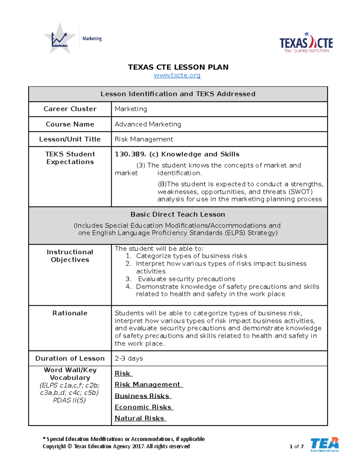 Lesson plan marketing risk management 0 texas cte lesson plan txcte