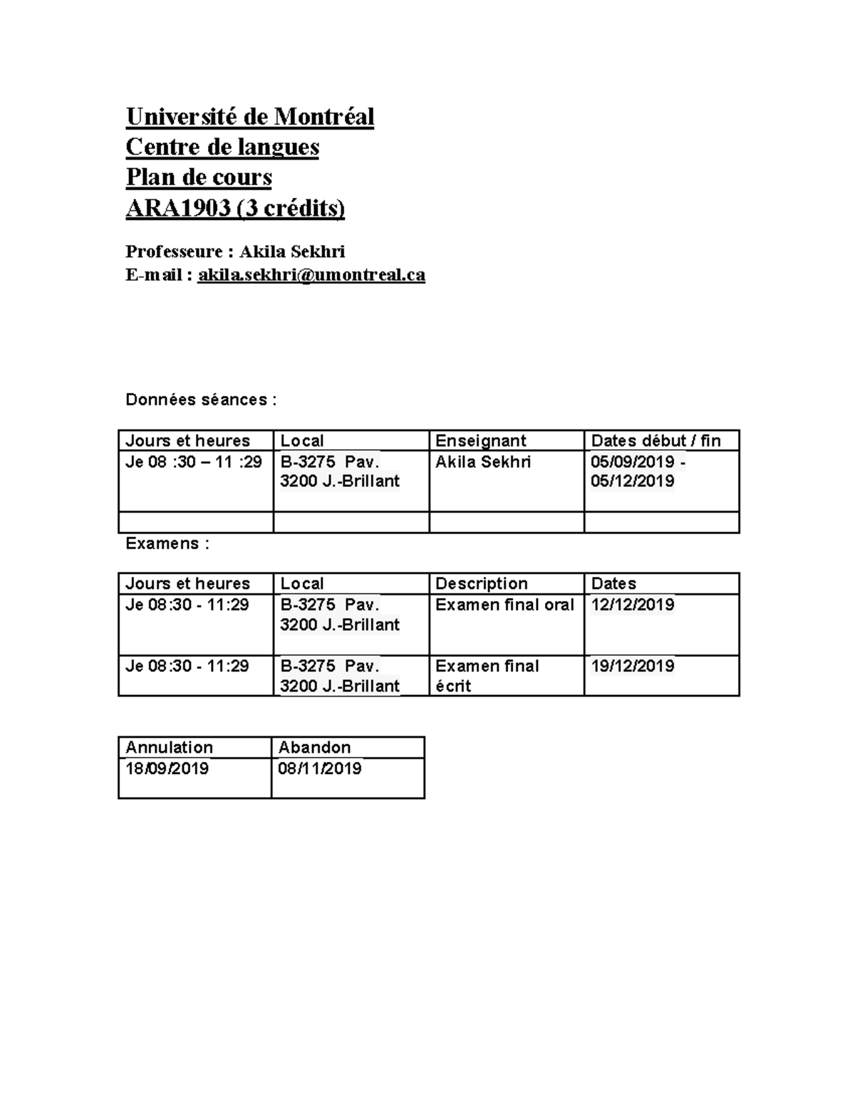 Plan de cours ARA 1903 automne 2019 - Université de Montréal Centre de ...