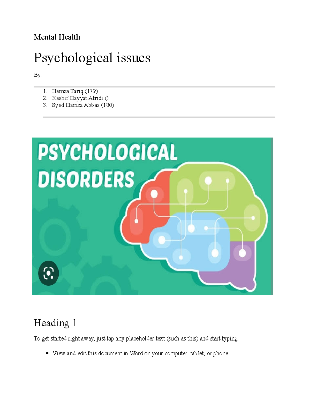 Document God for study stuff. Mental Health Psychological issues By