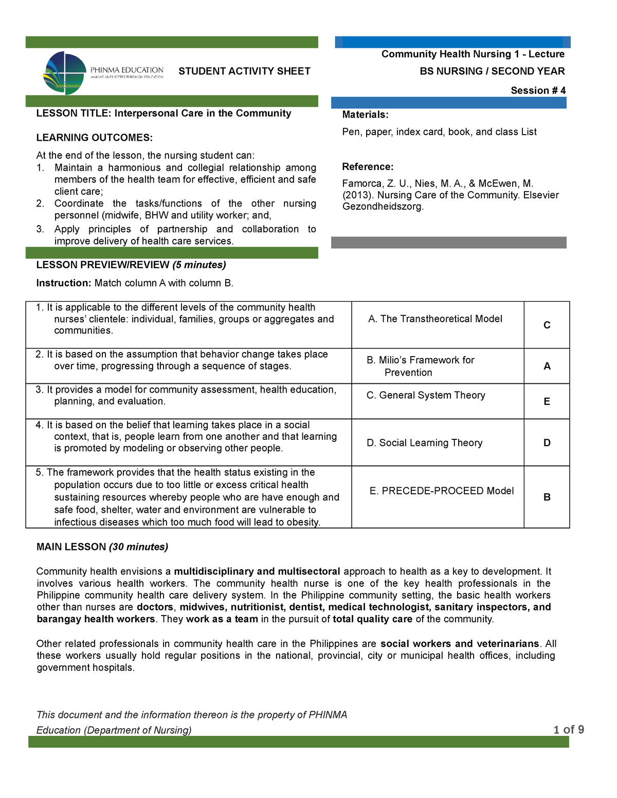 CHN1 Lec Session #4 SAS - Community Health Nurse - STUDENT ACTIVITY ...