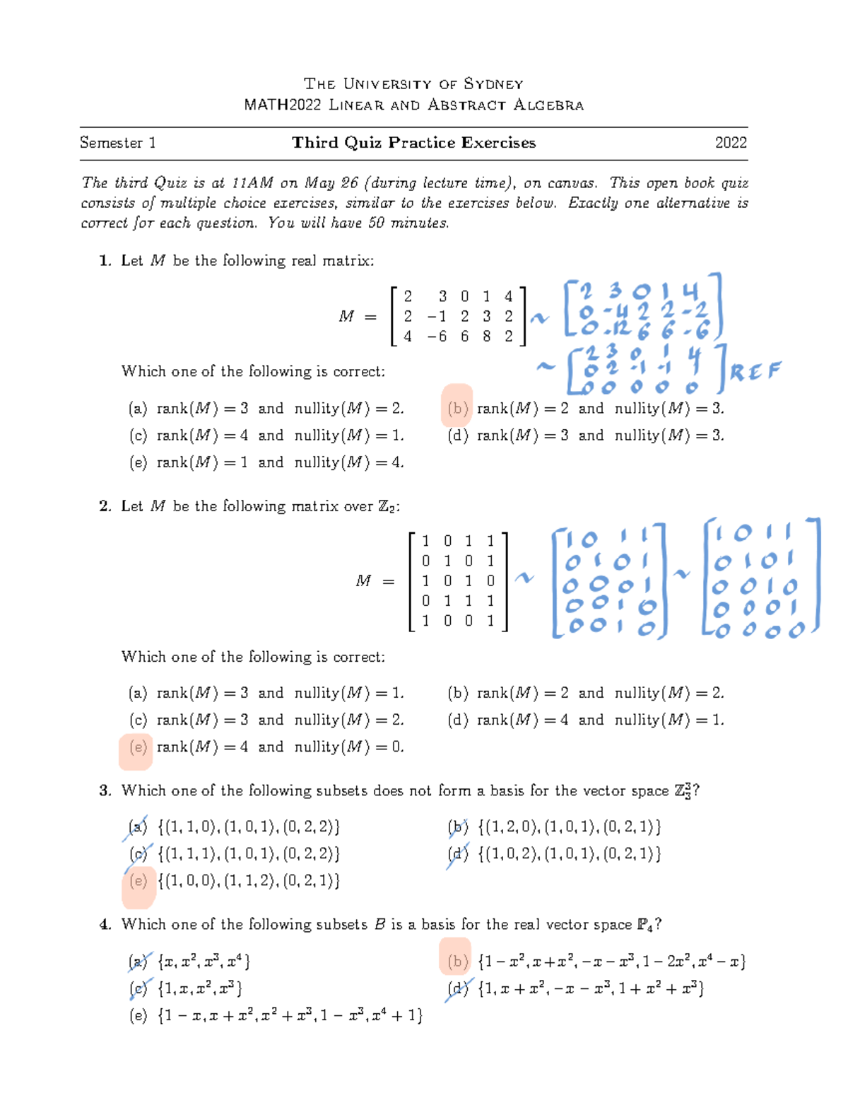 Practice Quiz 3Solutions - The University of Sydney MATH2022 Linear and ...