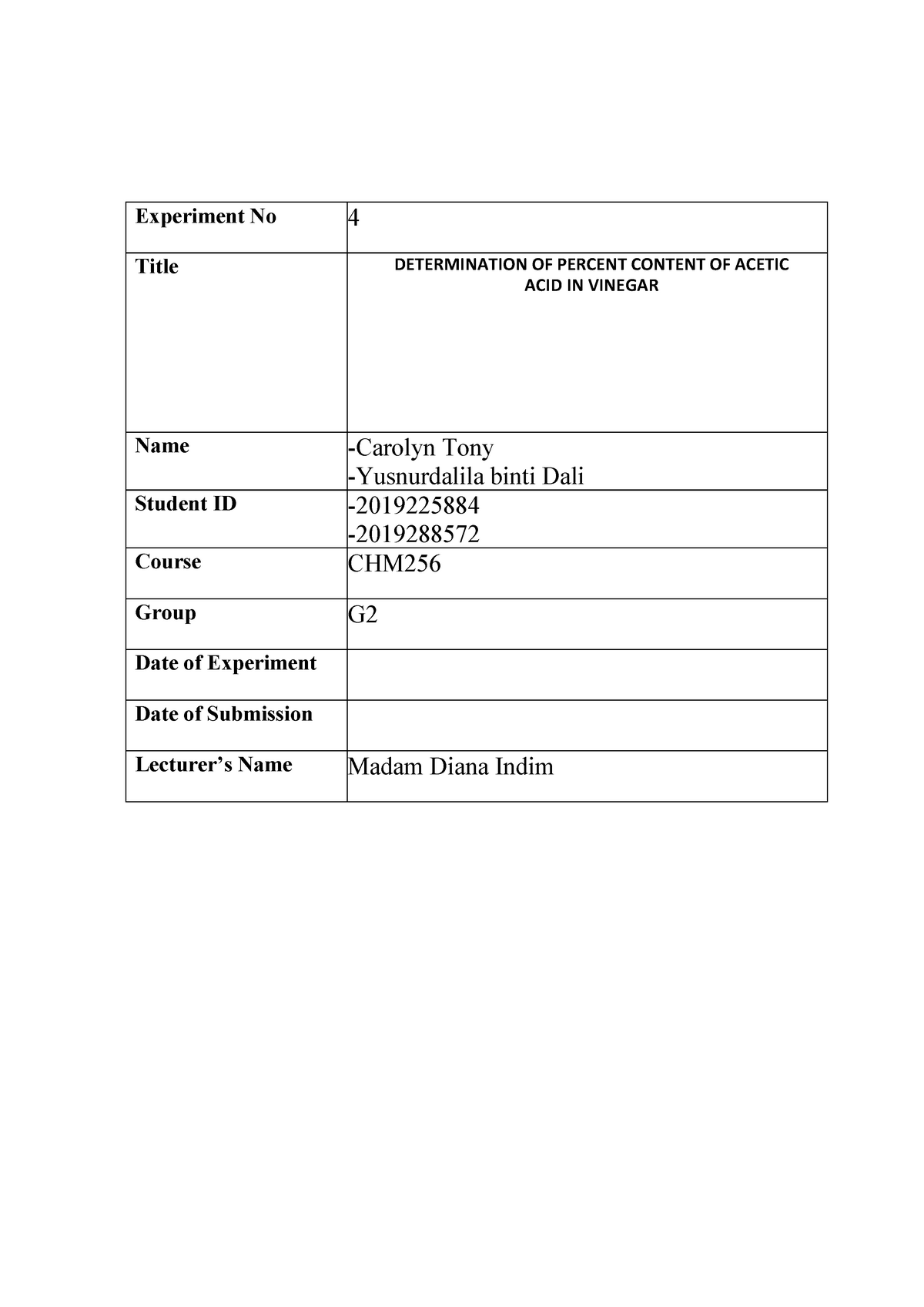 LAB 2 CHM25 2021 - Experiment No 4 Title DETERMINATION OF PERCENT ...