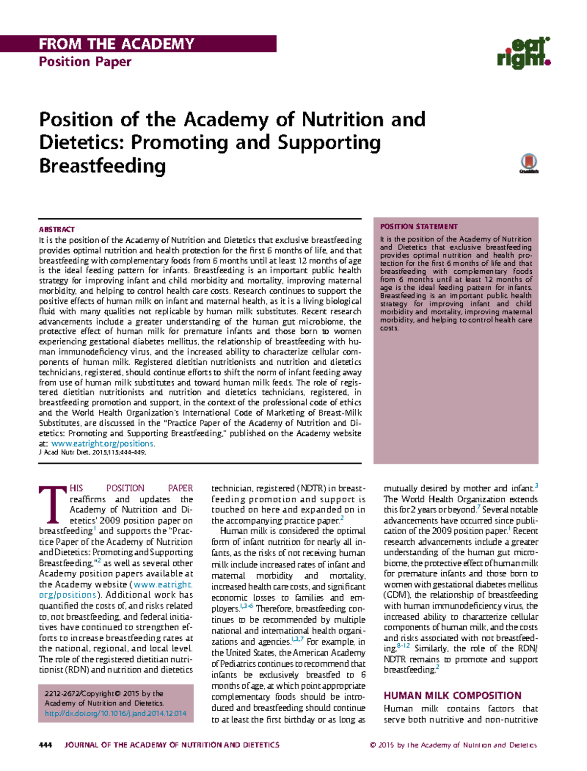 Promoting Breastfeeding Position Paper Position of the Academy of