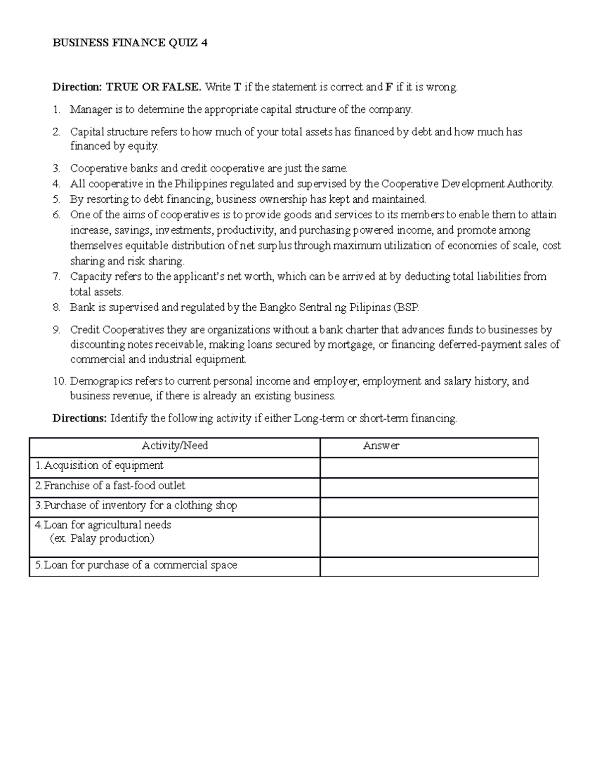 knowledge matters financing & business planning math quiz