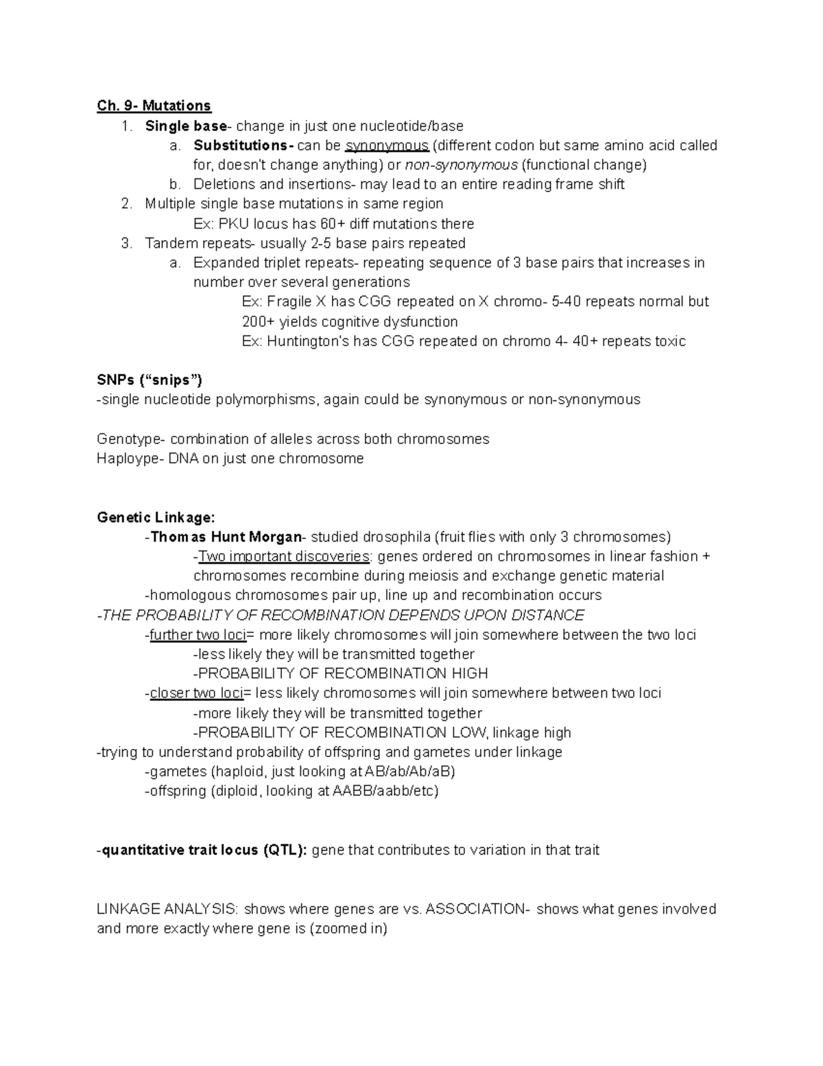 Textbook Ch. 9 Summary - Ch. 9- Mutations 1. Single base - change in ...