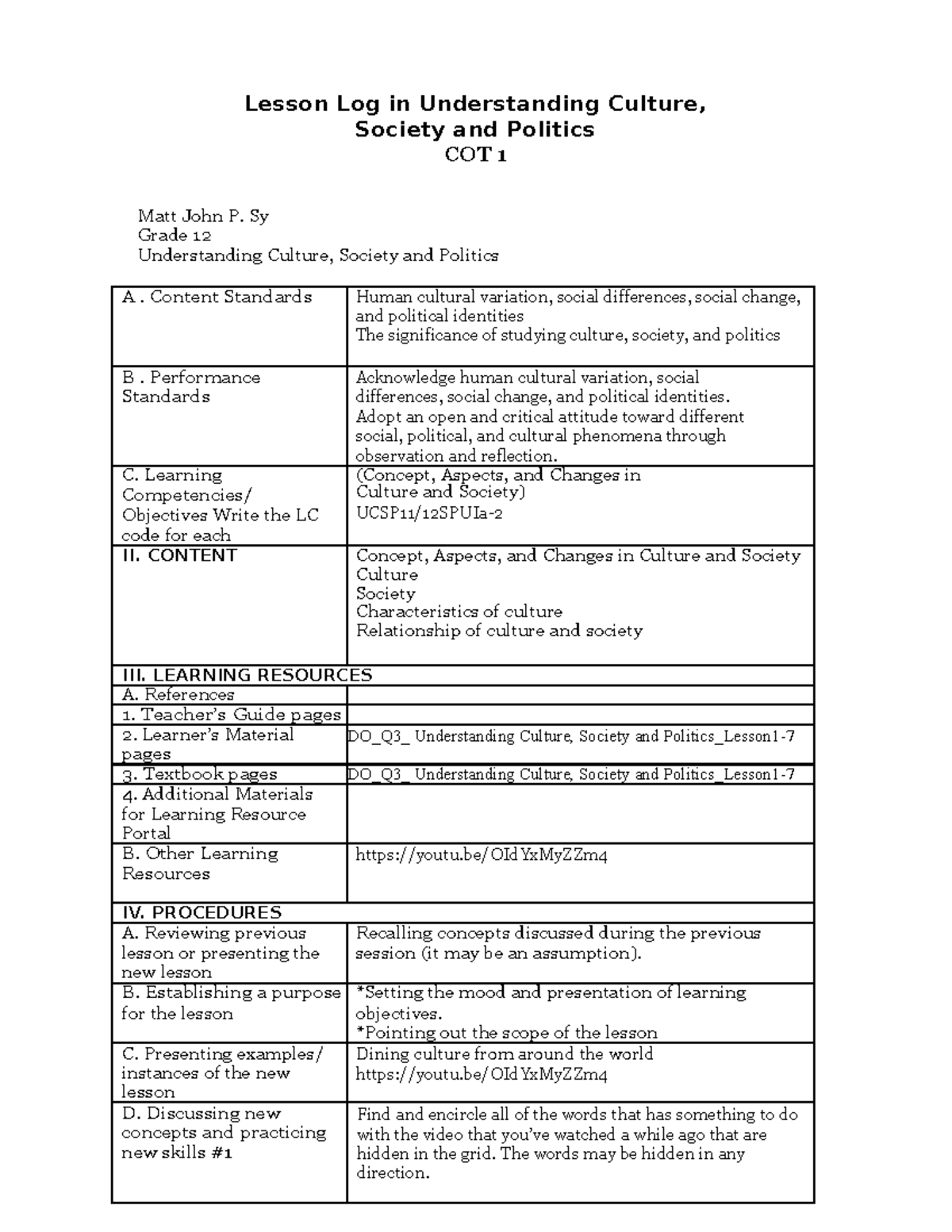 Cot 1 Dll Lesson Plan On UCSP Lesson Log In Understanding Culture 