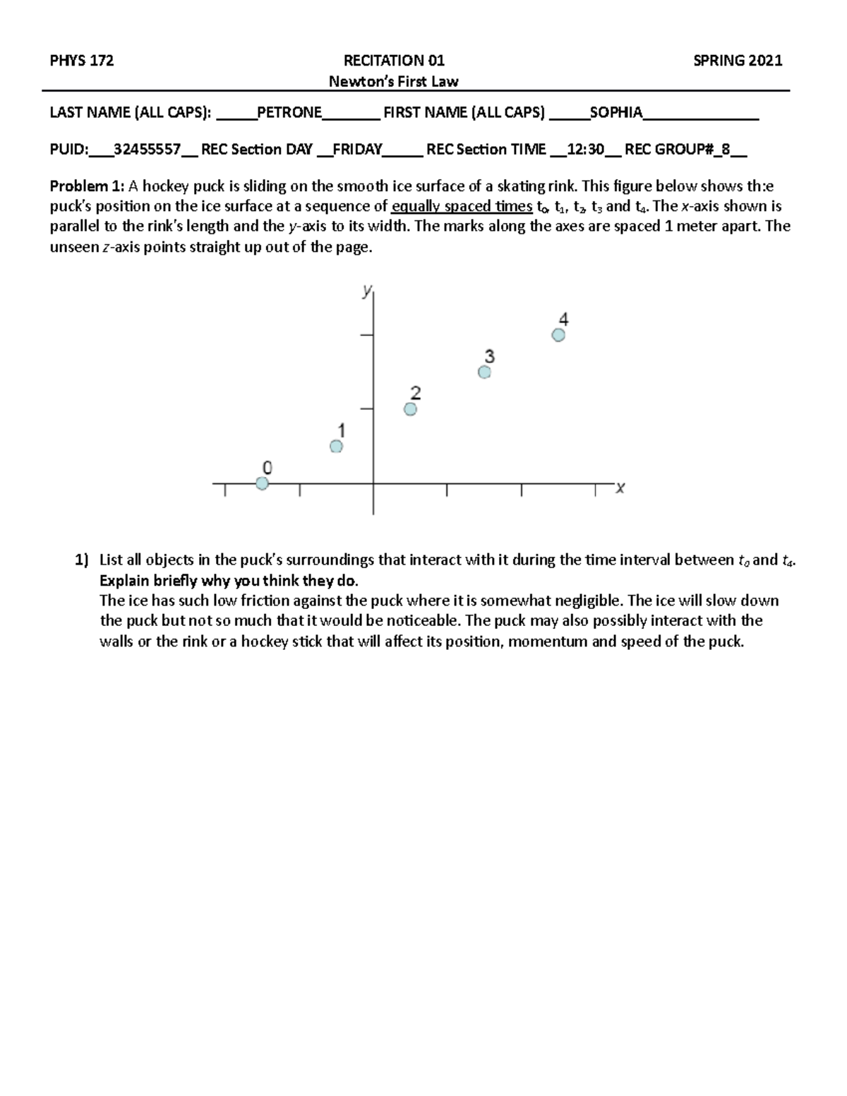 Phys172 S21 Rec01 Final - PHYS 172 RECITATION 01 Newton’s First Law ...