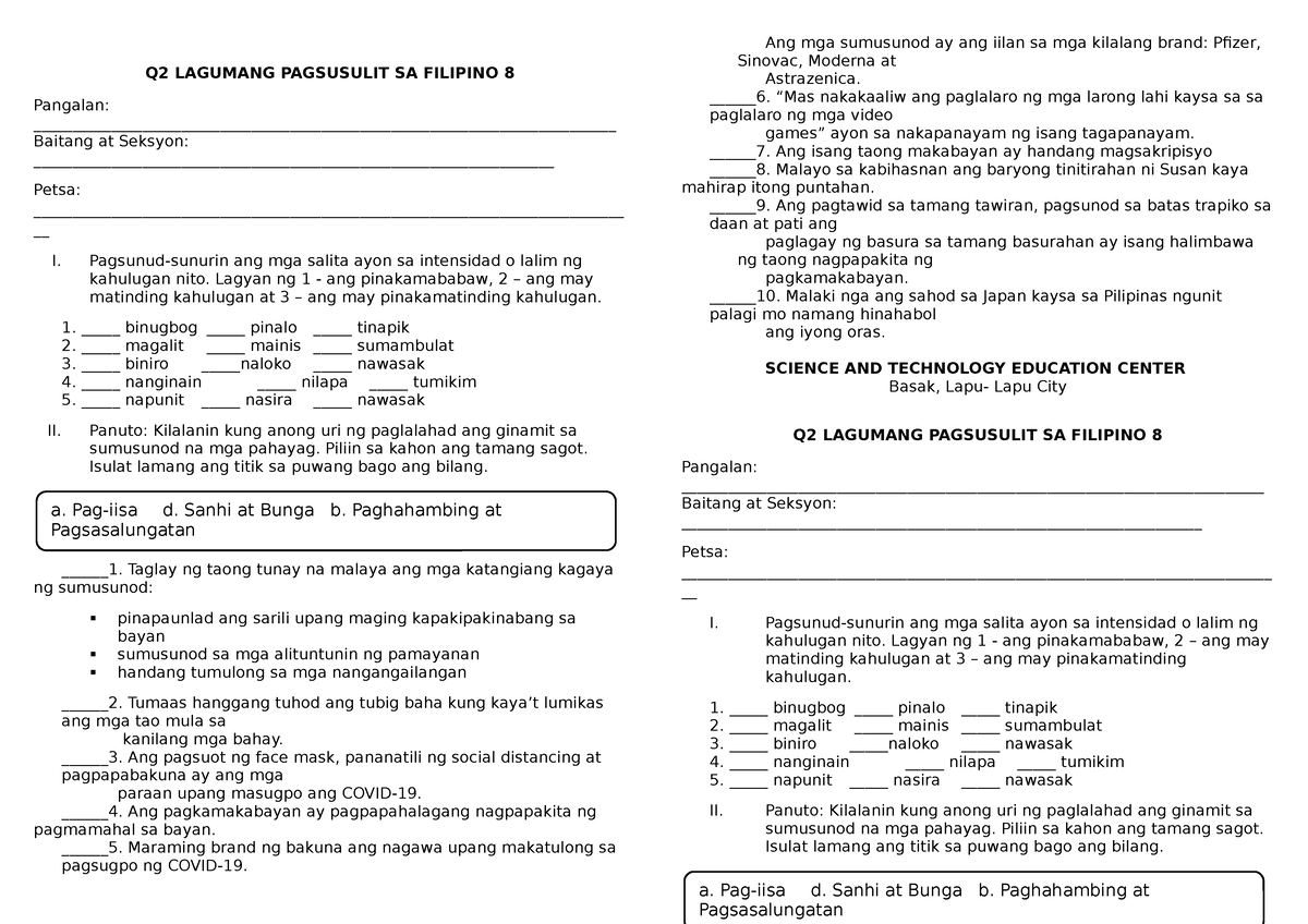 Q2 G8 - Pagsasanay na papel - Q2 LAGUMANG PAGSUSULIT SA FILIPINO 8 ...