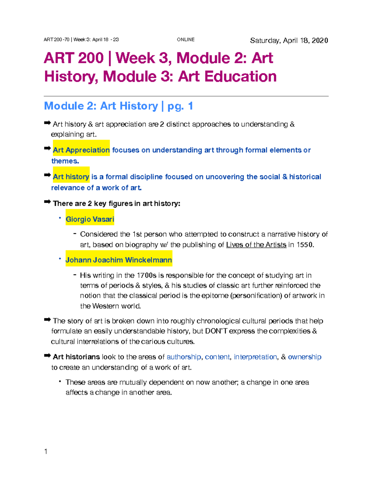 ART 200 Week 3, Module 2 & 3 April 1823 ART 200 Week 3, Module 2 Art History, Module 3