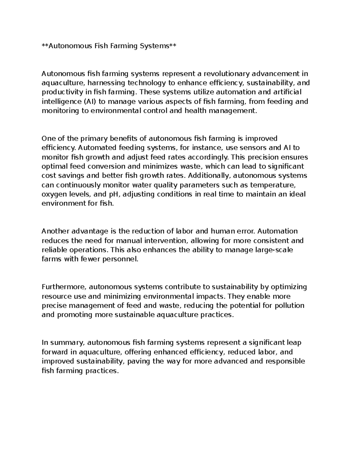 Autonomous Fish Farming Systems - Autonomous Fish Farming Systems ...