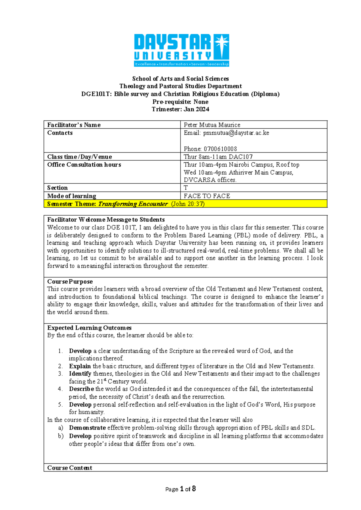 PBL C Course Outline. - School of Arts and Social Sciences Theology and ...