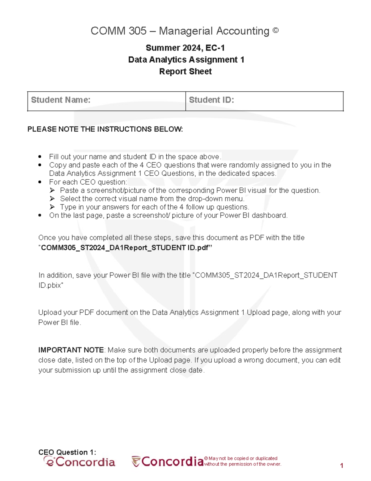 COMM 305 DA Assignment 1 Report Sheet Summer 2024 - © May not be copied ...