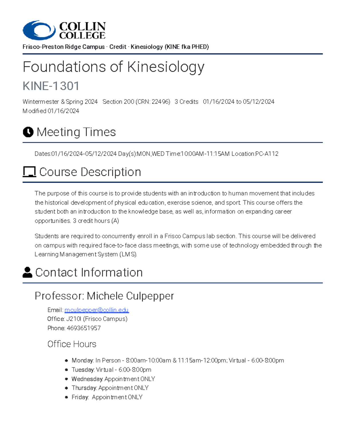 Foundations of Kinesiology KINE 1301 Wintermester Spring 2024 (1 ...