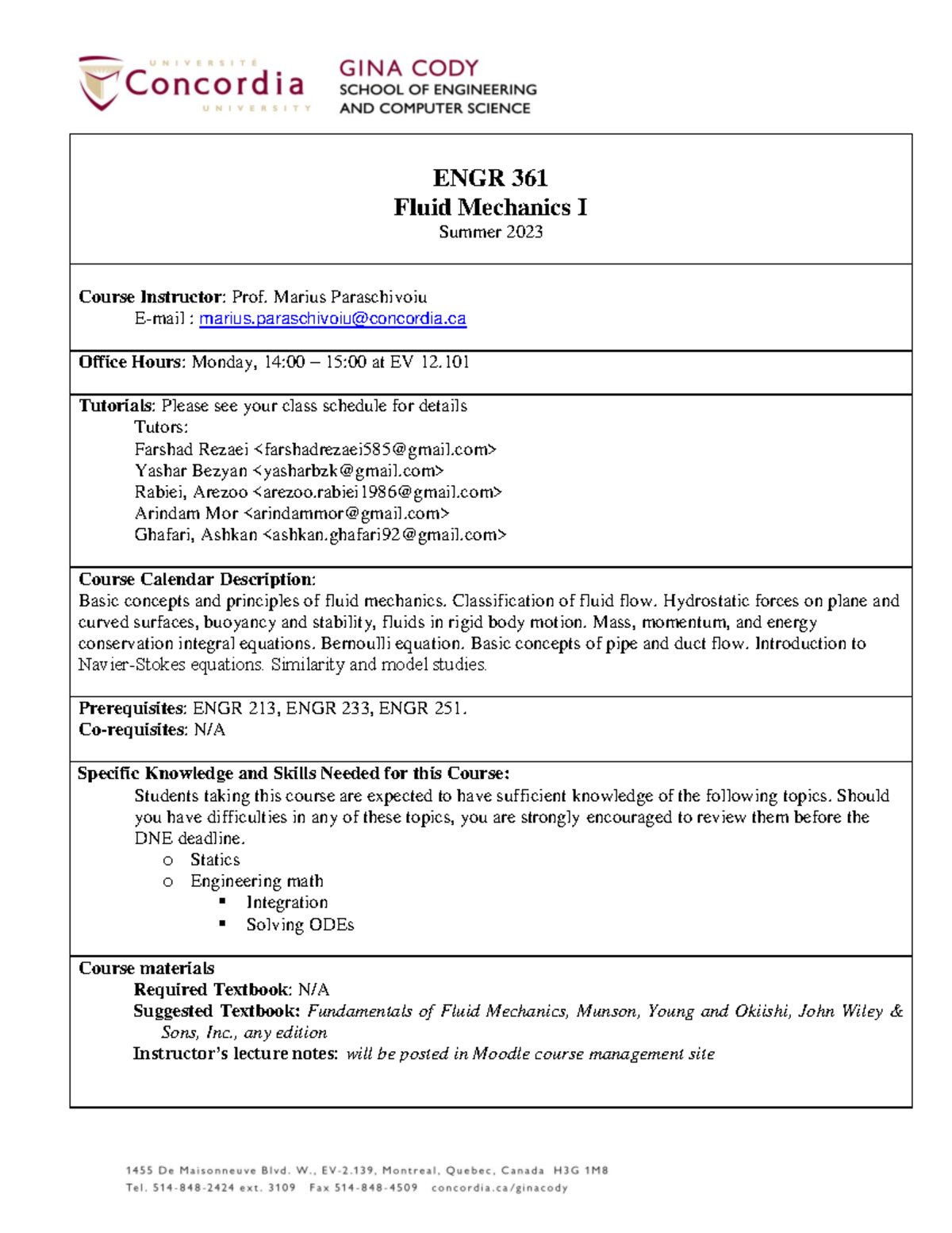 MECH 361 Outline - ENGR 361 Fluid Mechanics I Summer 2023 Course ...