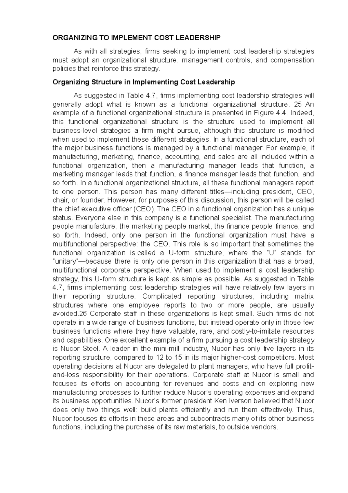 Organizing TO Implement COST Leadership ORGANIZING TO IMPLEMENT COST