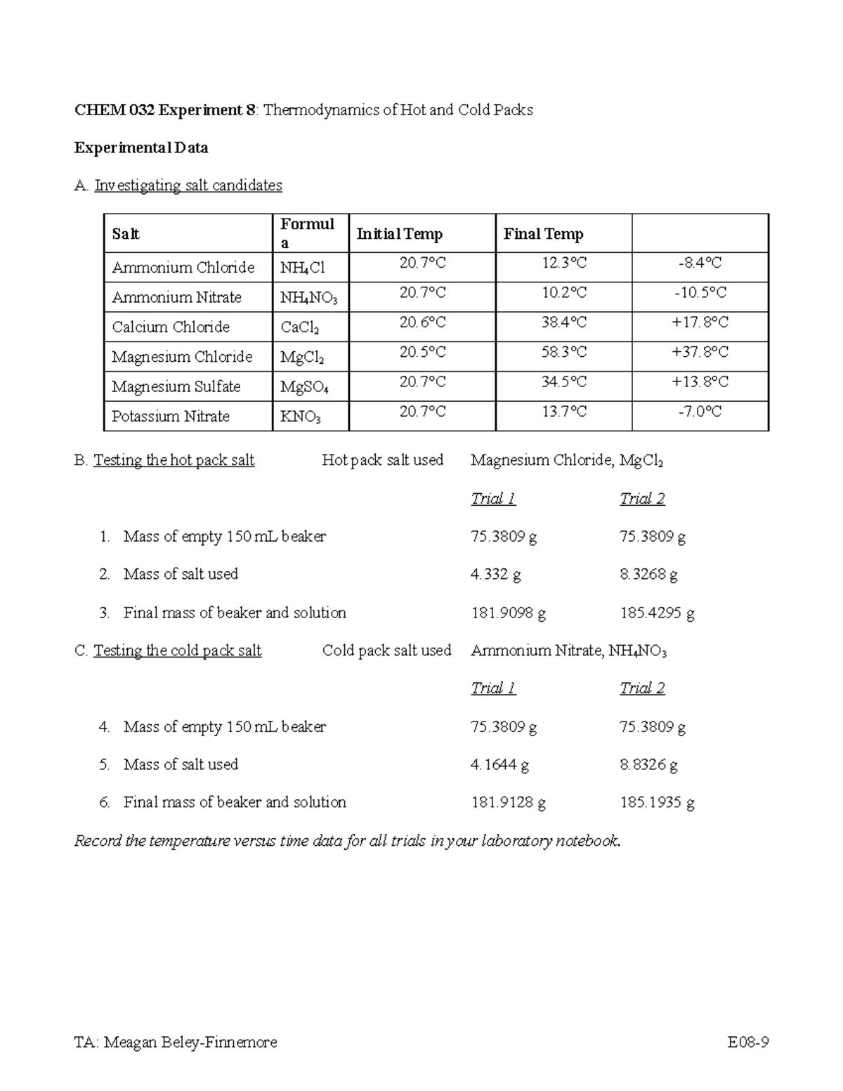 Lab 8 Thermodynamics of Hot Cold Packs Experimental Data A
