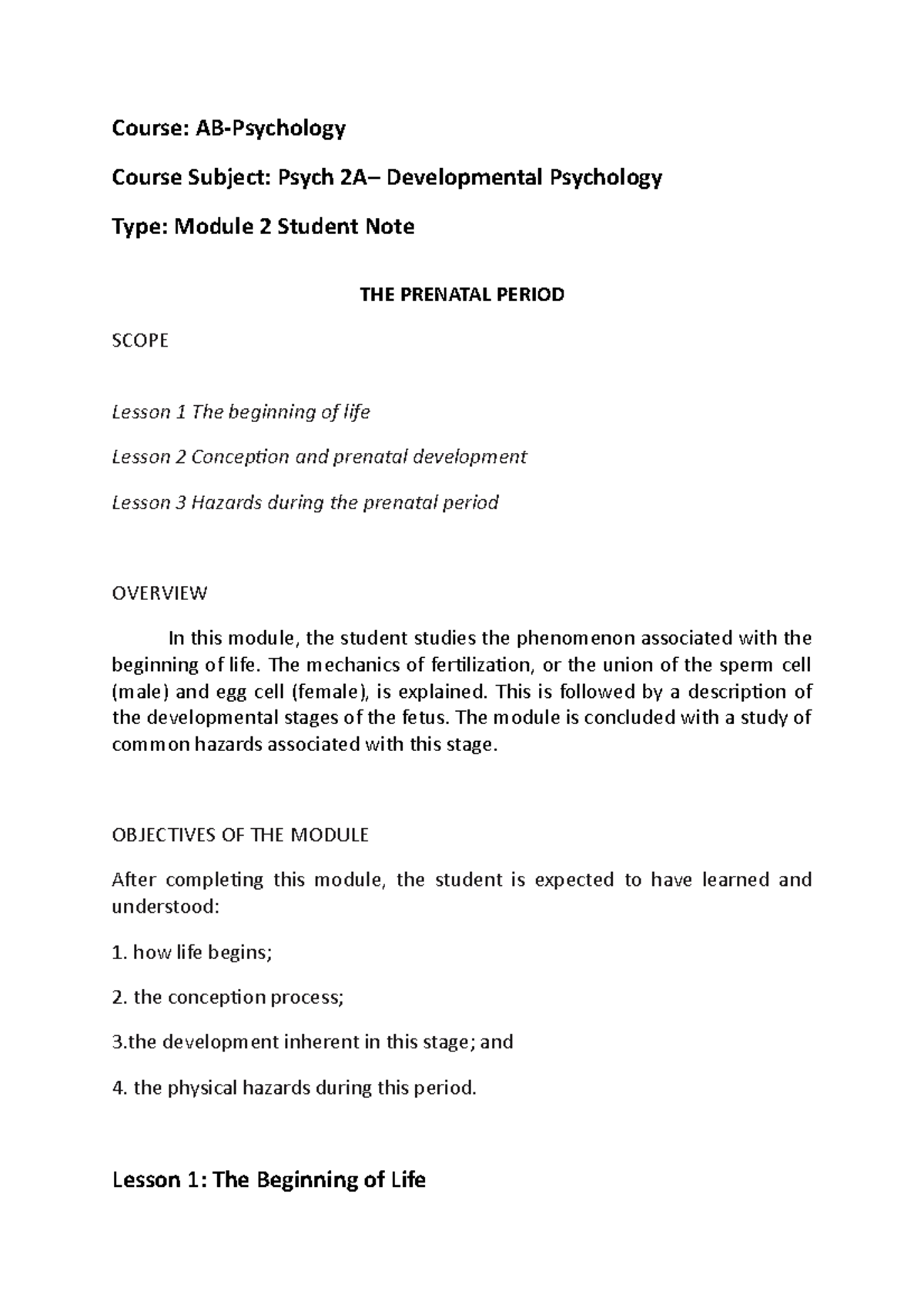 Psychology 2A Module 2 - The Prenatal Period - Course: AB-Psychology ...