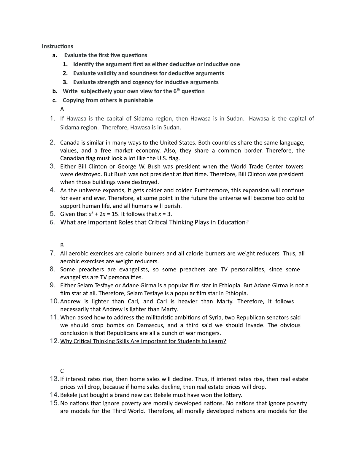 Selam Tesfaye Xxx - Evaluate the following arguments - Instructions a. Evaluate the first five  questions 1. Identify the - Studocu