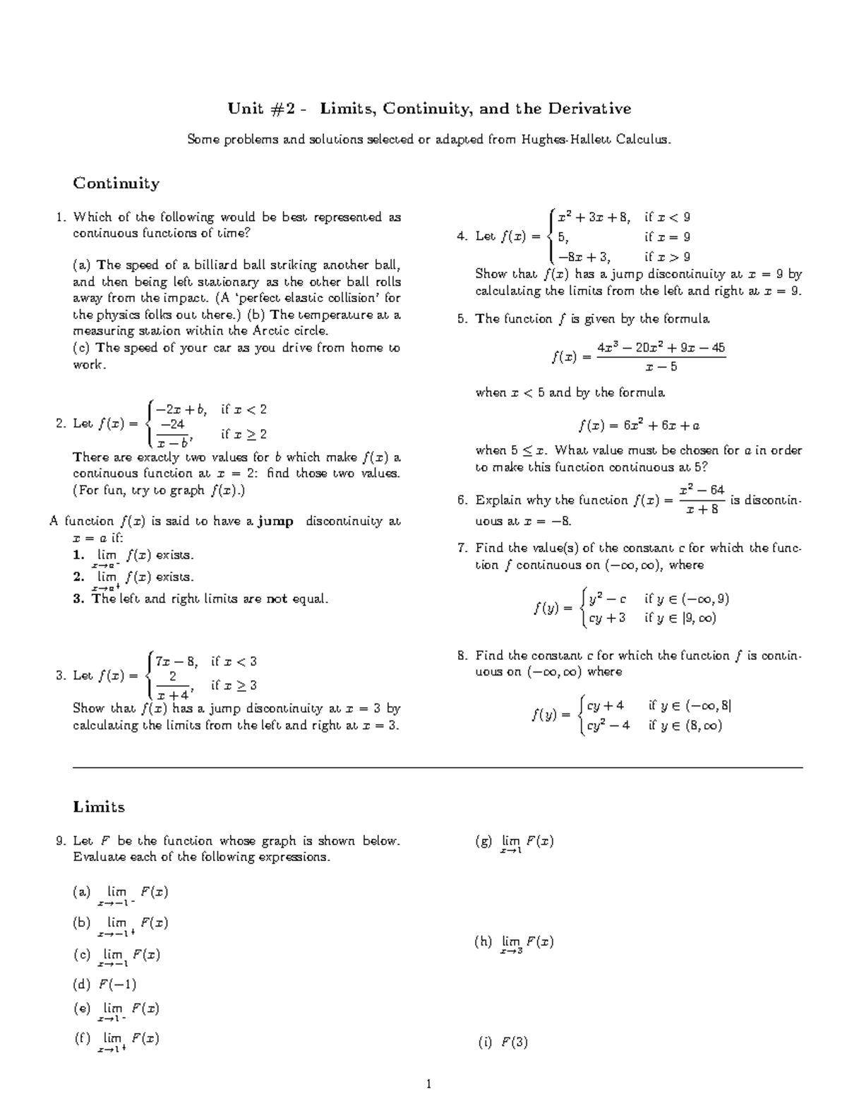 Unit 2: Limits, Continuity, and the Derivative - Unit #2 - Limits ...