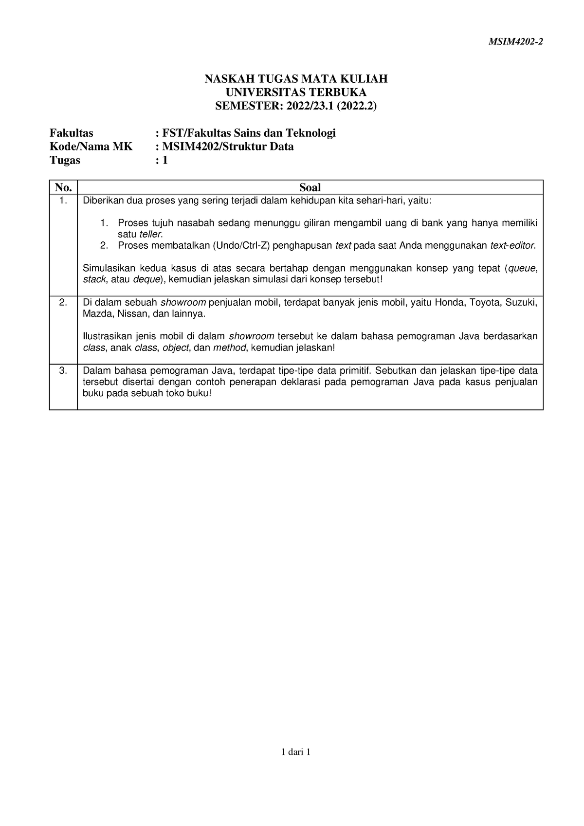 Soal Msim4202 Tmk1 2 - MSIM4202- 1 Dari 1 NASKAH TUGAS MATA KULIAH ...