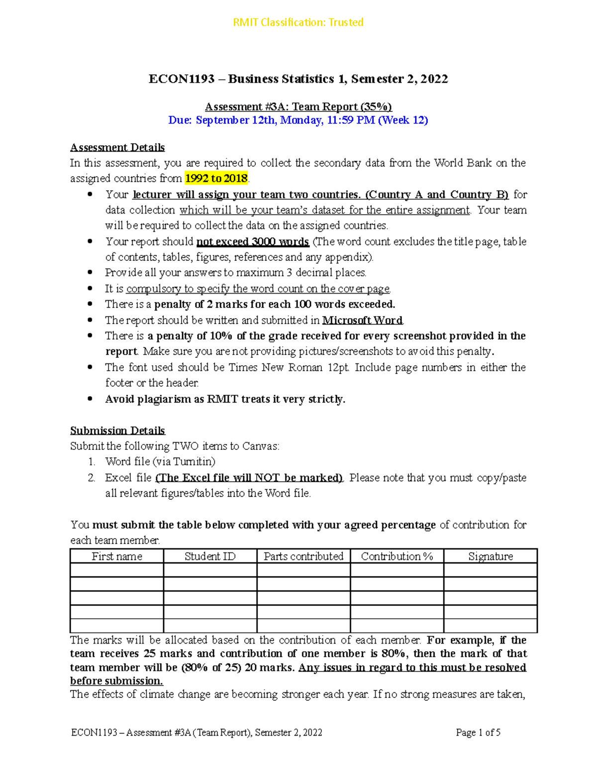 Assessment 3a 2022s2 Team Report Econ1193 Business Statistics 1 Semester 2 2022 1271