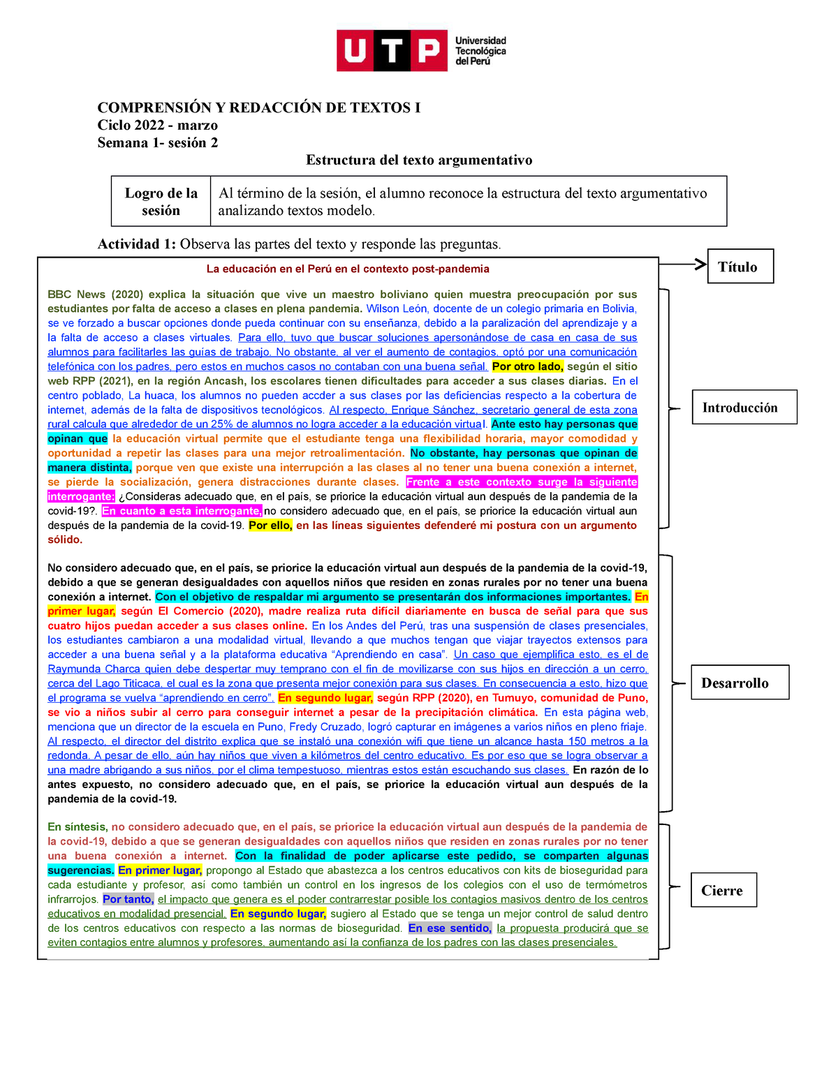 S01 S2 Material Estructura Del Texto Argumentativo 2022 Marzo ComprensiÓn Y RedacciÓn De 8009