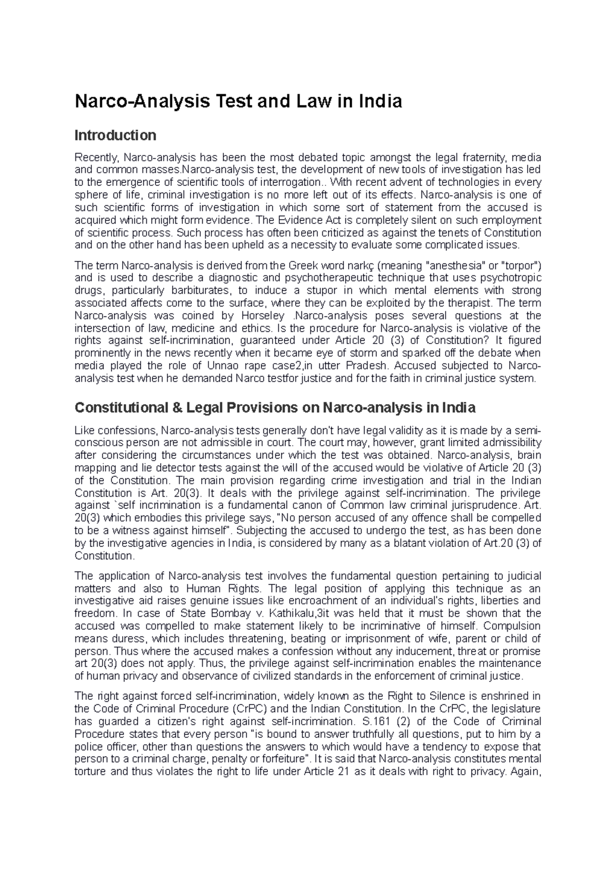 Narco analysis test NarcoAnalysis Test and Law in India Introduction