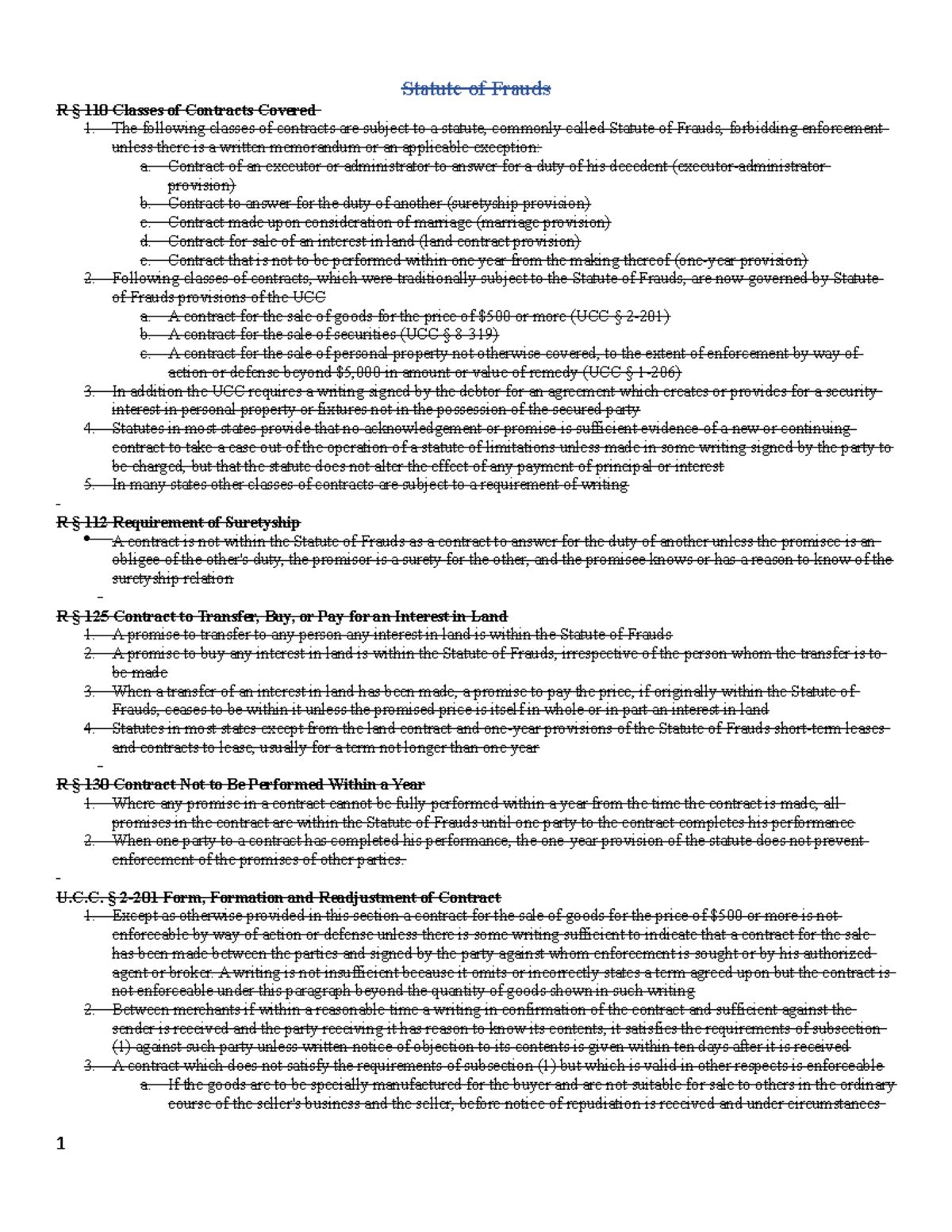 Contracts Restatements Statute of Frauds R § 110 Classes of Contracts