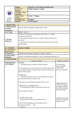 Pre-Demo-1 - lesson plan - PRE-DEMONSTRATION School: Rafael B. Lacson ...