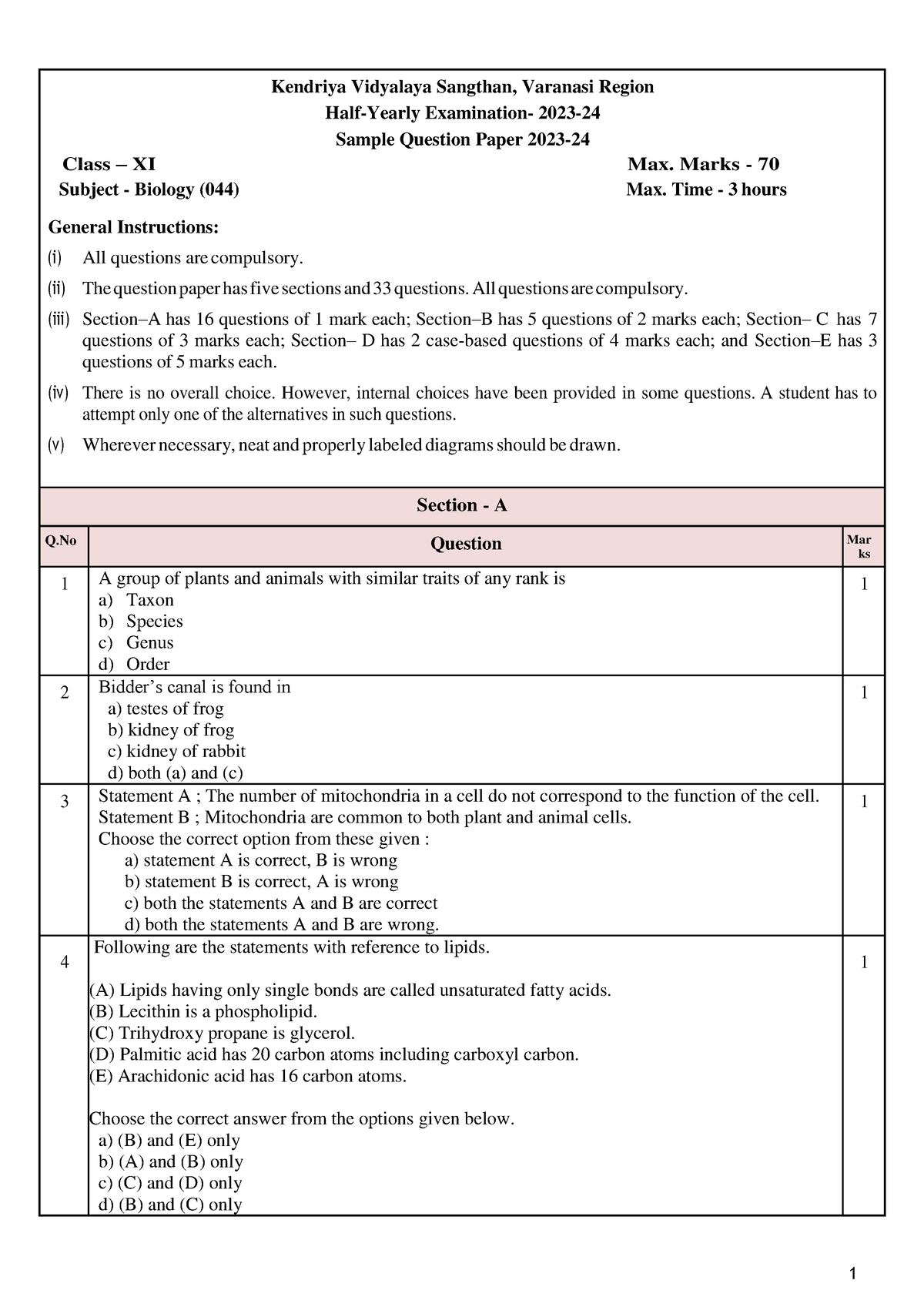 Sample Paper Biology XI - Kendriya Vidyalaya Sangthan, Varanasi Region ...