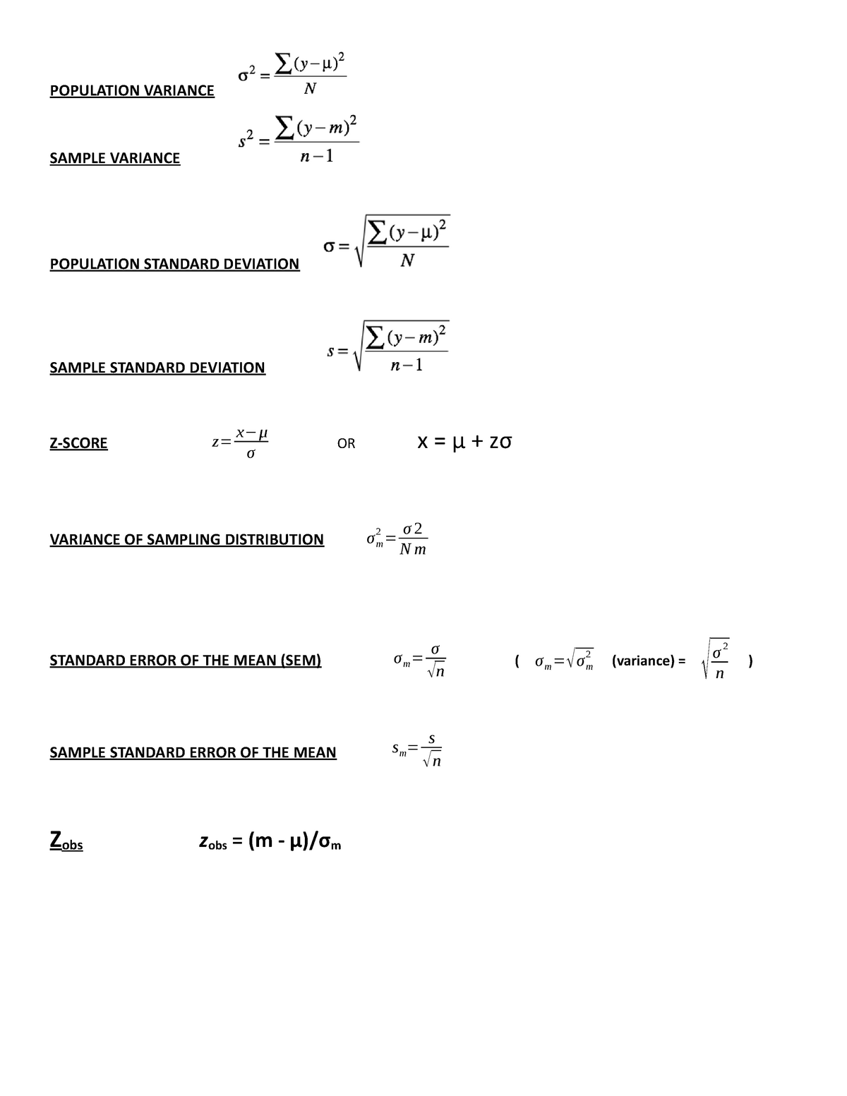 Equation Sheet - Final Exam Summary Statistical Analysis I ...