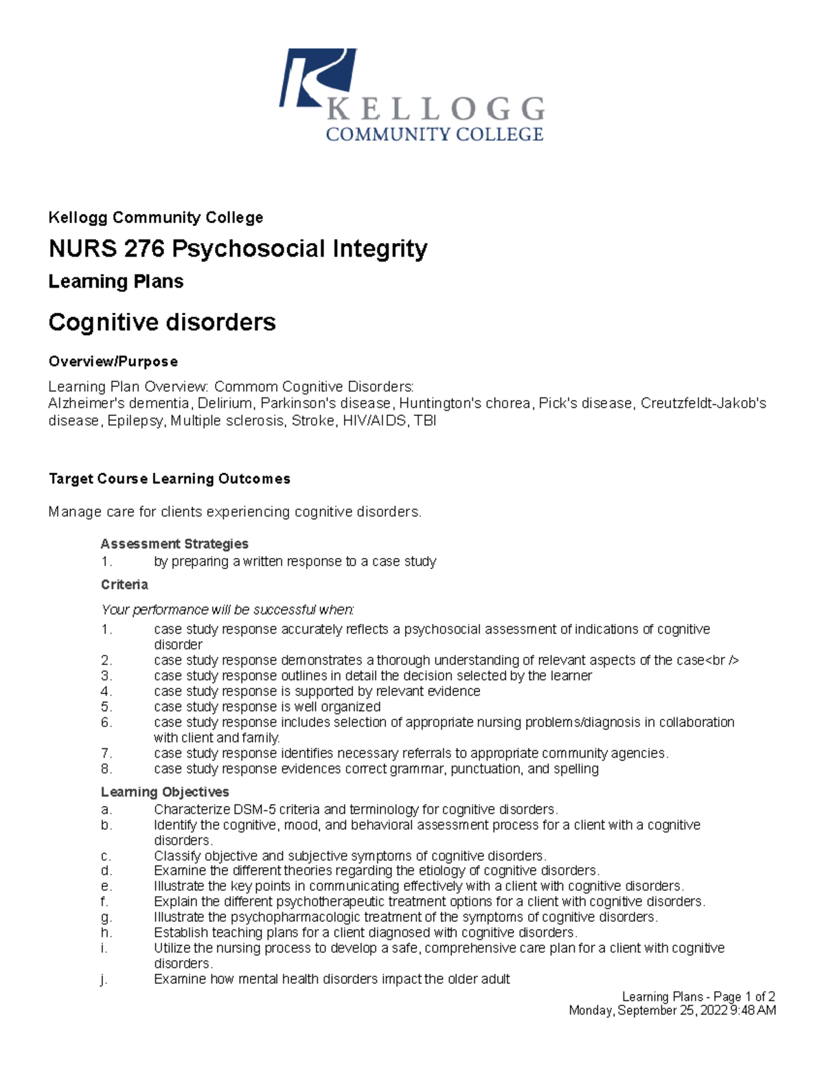 Learningplan 13cognitive Kellogg Community College NURS 276
