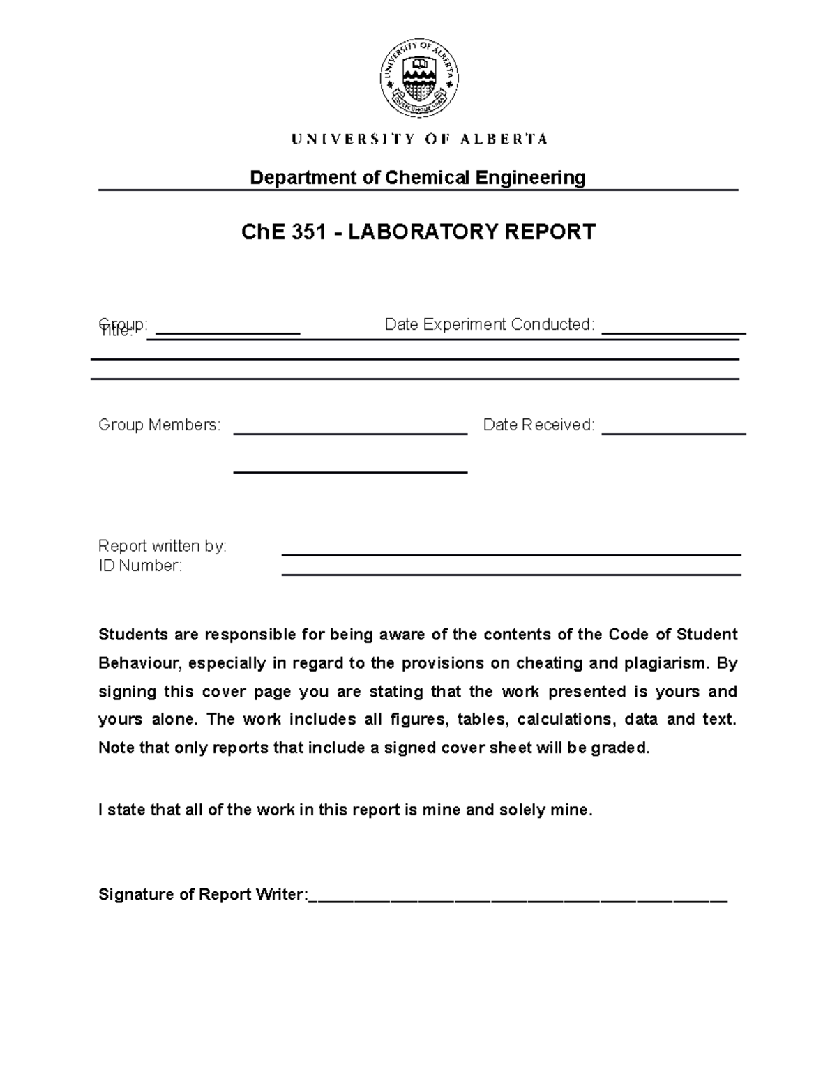 Ch E 351 Lab Report Template Department of Chemical Engineering ChE 351 LABORATORY REPORT