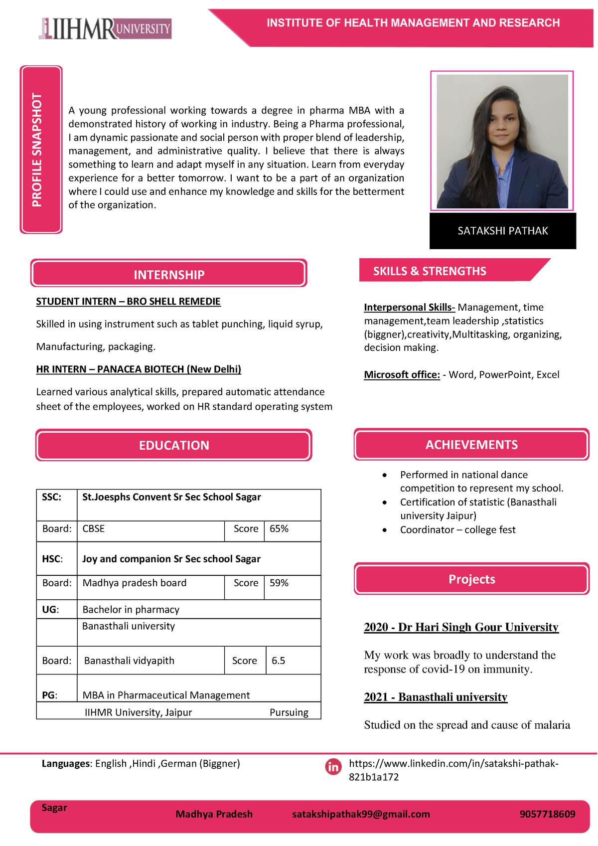 Satakshi Pathak Resume - Profile Snapshot Skills & Strengths A Young 