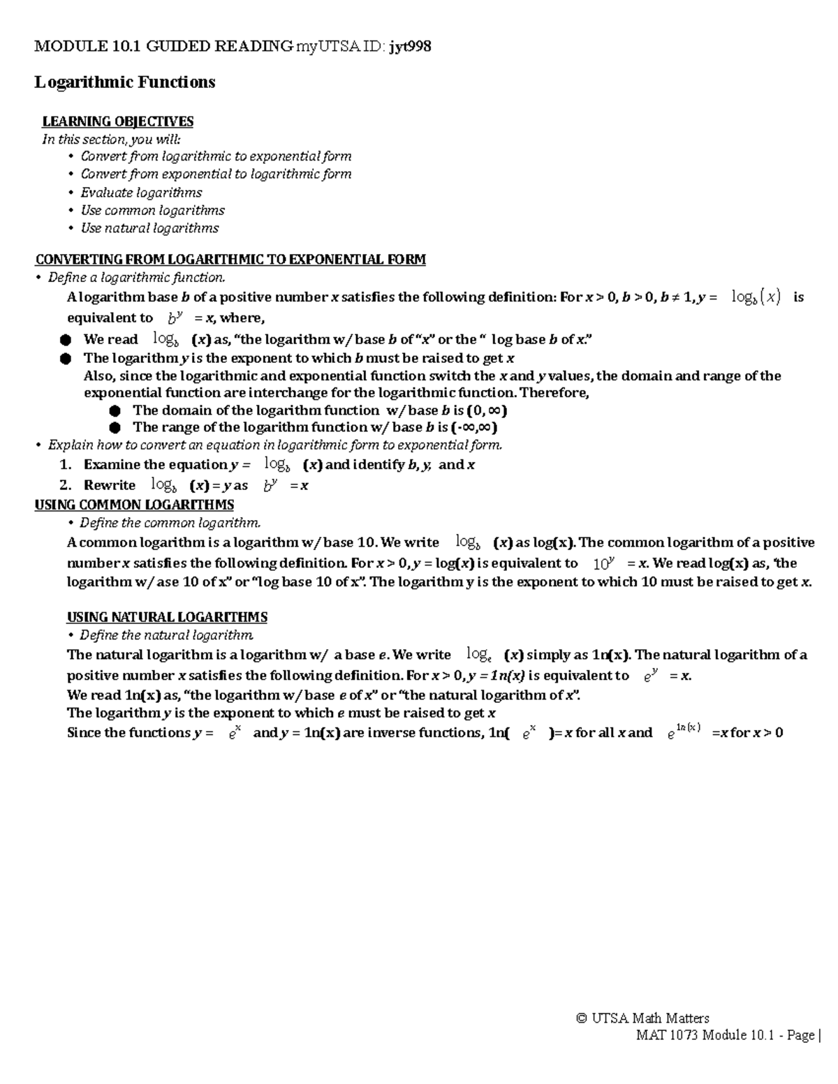 10.1 Notes MODULE 10 GUIDED READING myUTSA ID jyt Logarithmic