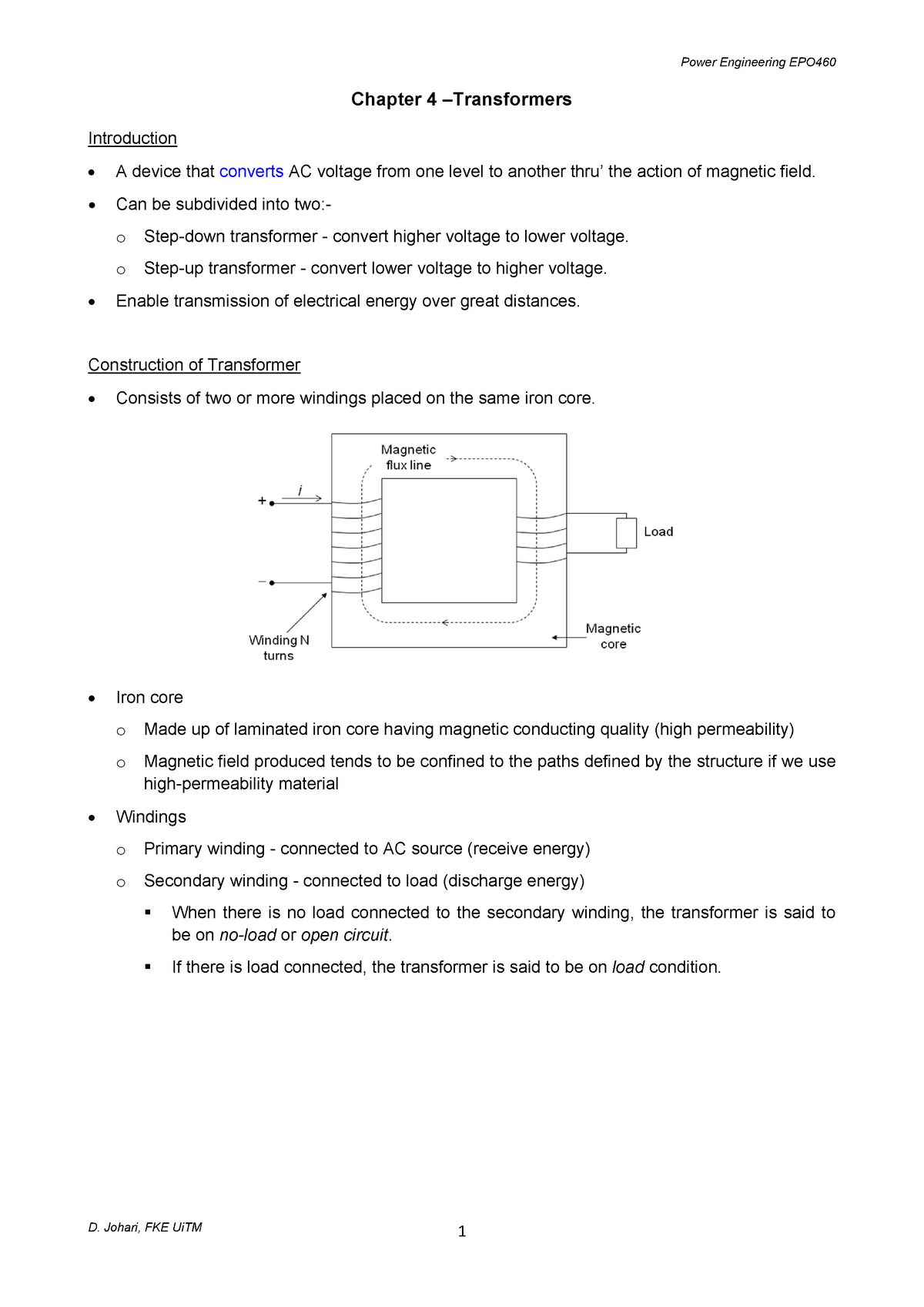 EPO460 Chapter 4 - Transformers - Chapter 4 –Transformers Introduction ...