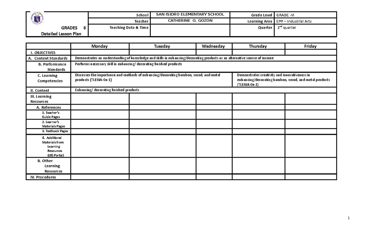 Dlp tle ia week 1 - GRADES 6 Detailed Lesson Plan School SAN ISIDRO ...